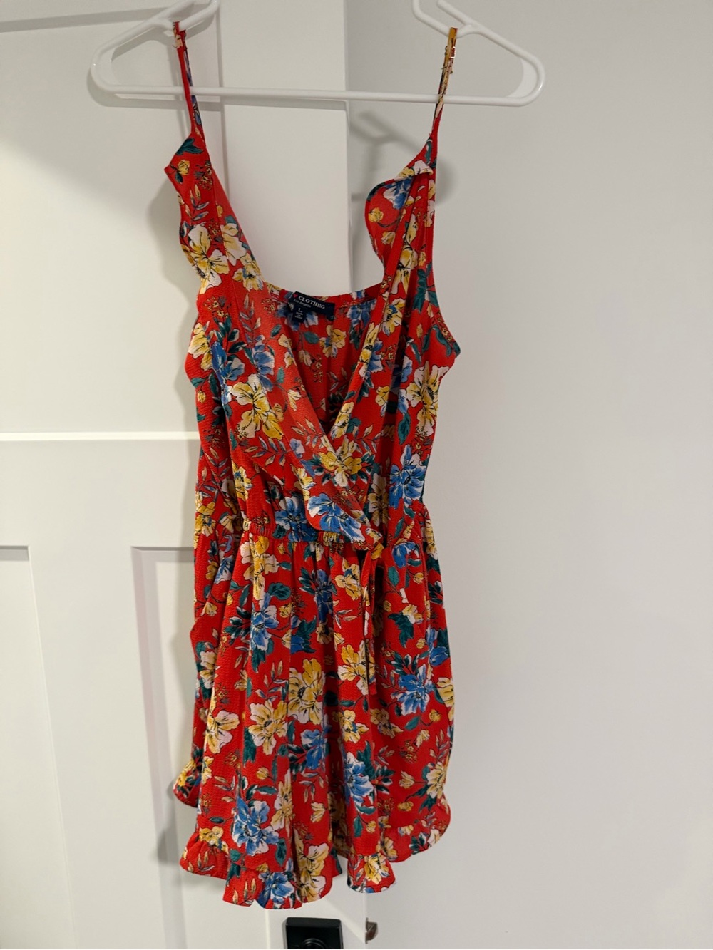 one clothing Red Floral Tie-Waist Spaghetti-Strap Romper